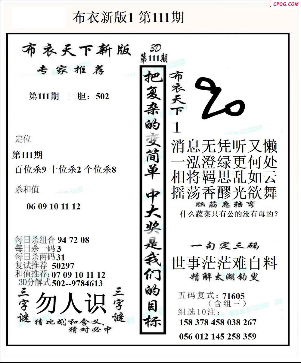 布衣天下新版2025111期3d图谜