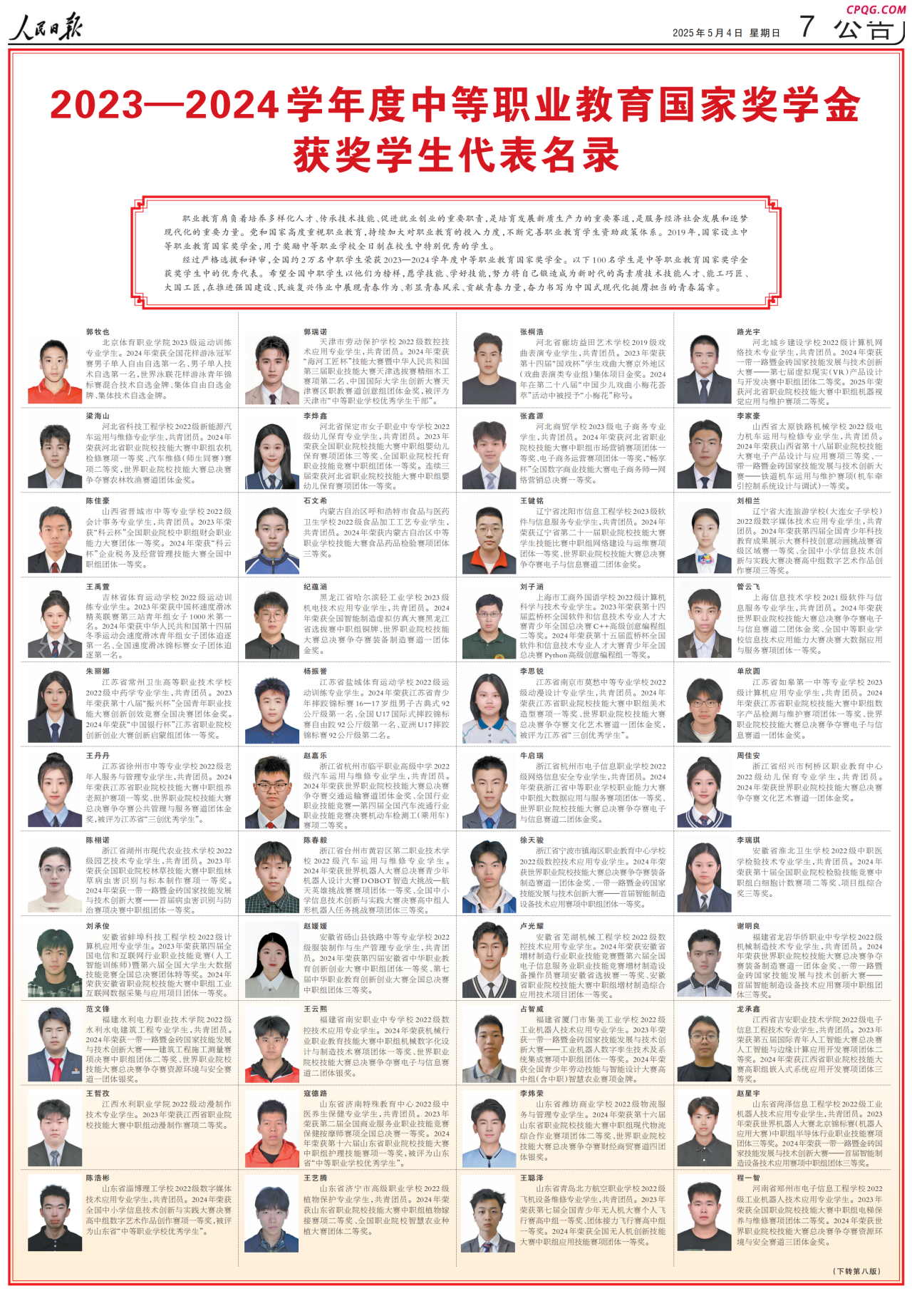2023—2024学年度中等职业教育国家奖学金获奖学生代表名