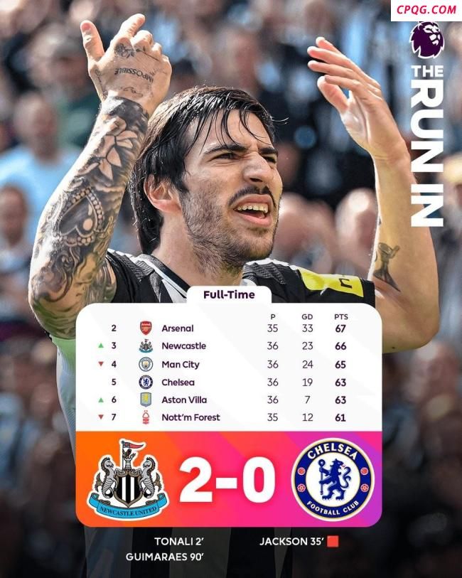 纽卡斯尔联2-0切尔西升英超第3