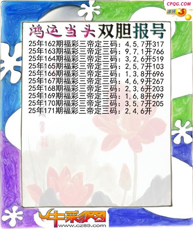 鸿运当头双胆报号171期体彩P3图谜