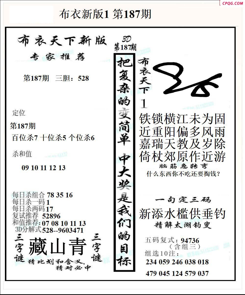 布衣天下新版2025187期3d图谜
