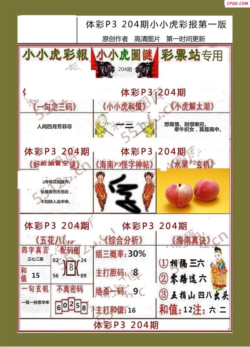 小小虎彩报204期体彩p3图谜