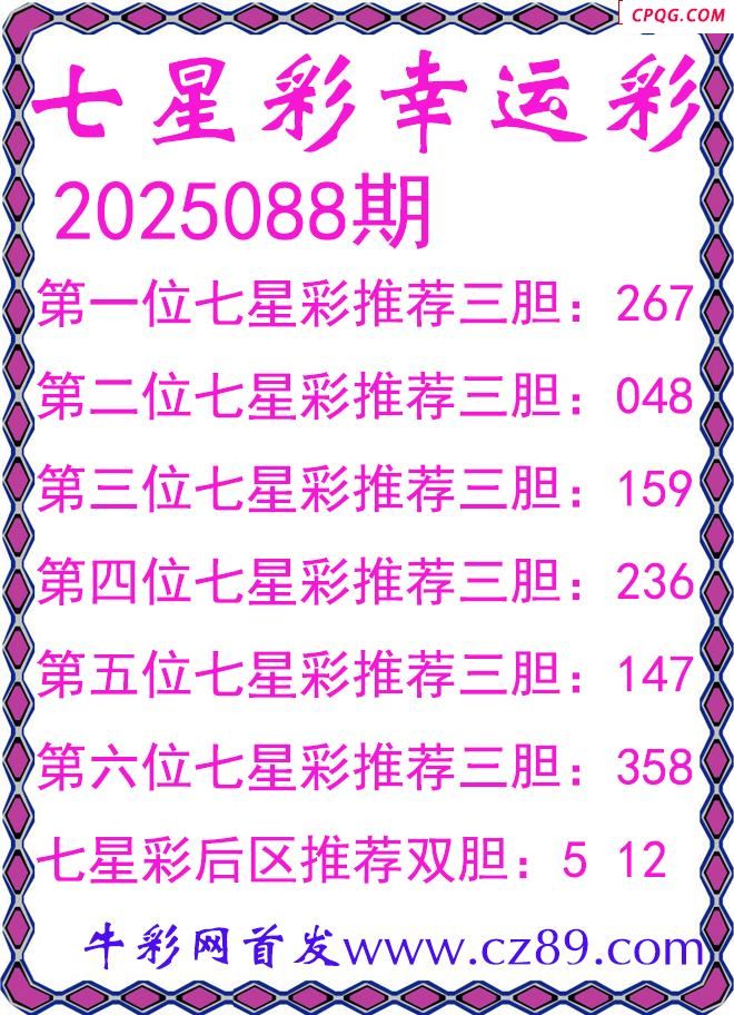 七星彩2025088期幸运彩三胆图谜