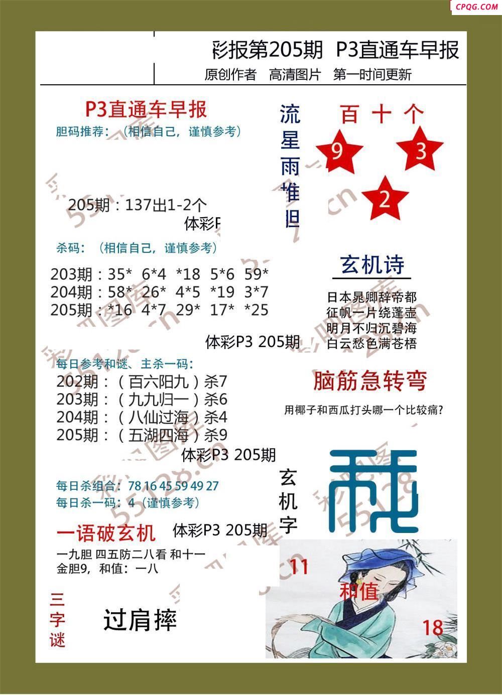 直通车早版205期体彩p3图谜
