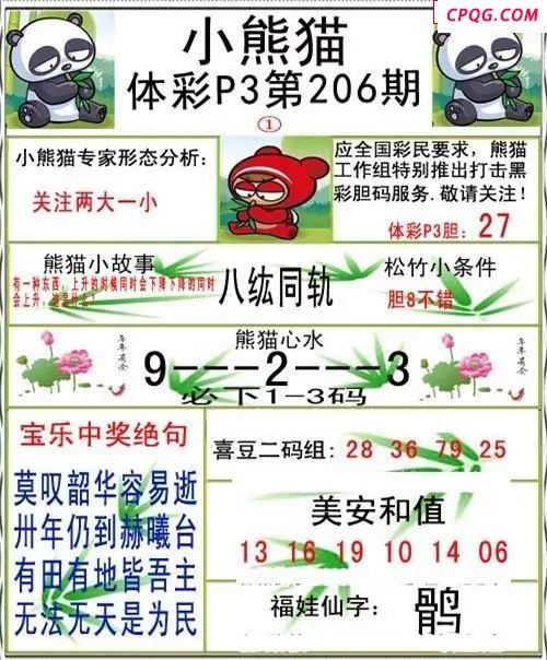 小熊猫2045206期体彩P3图谜