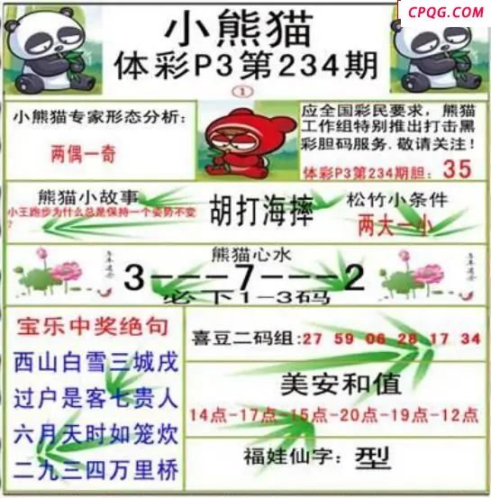 小熊猫2025234期体彩P3图谜