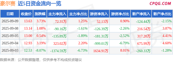 异动快报：豪尔赛（002963）9月9日13点10分触及涨停板