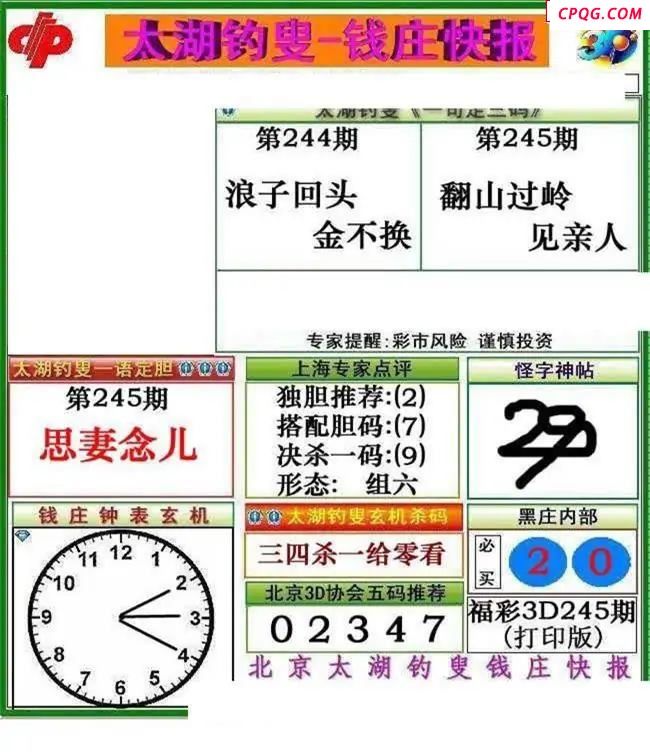 钱庄快报2025245期3d图谜