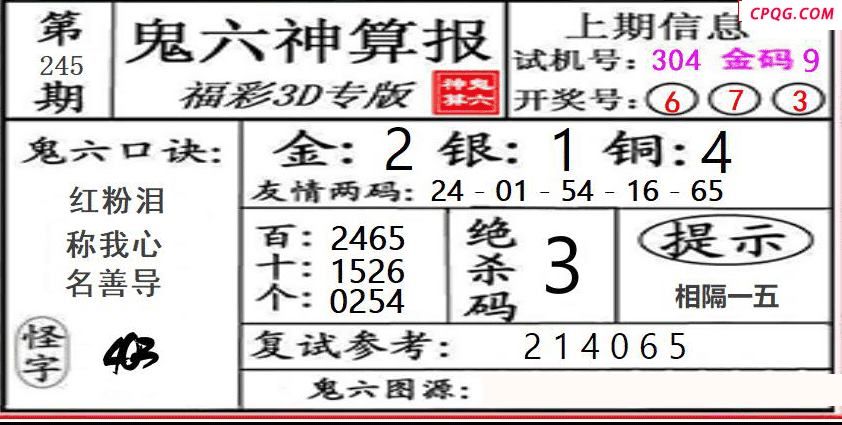 鬼六神算2025245期3d图谜