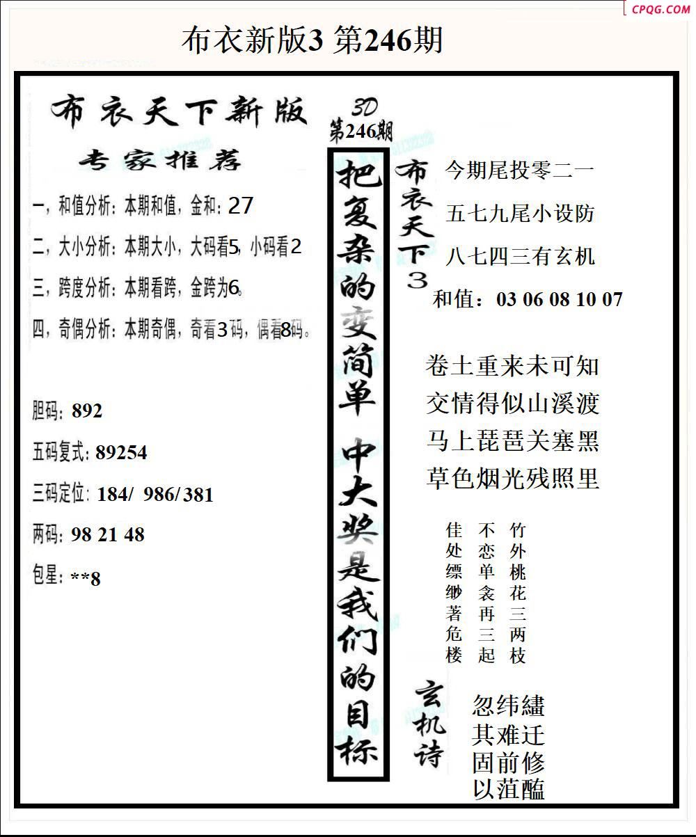 布衣天下新版2025246期3d图谜
